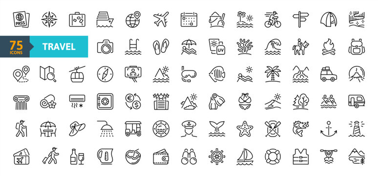 Travel icon outline set. Containing plane, tourism, passport, navigation, holiday,  trip, camping, cruise and more. Vector line icons collection.