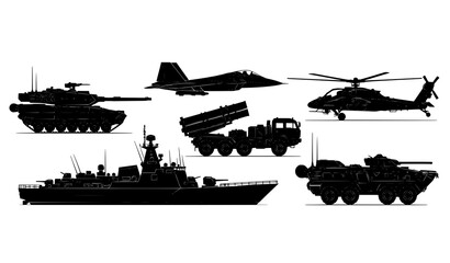 Military vehicle and aircraft silhouette vector set with tanks jets helicopters and naval warship icons © BijoyChandra