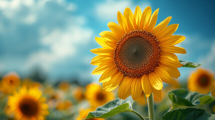 Fototapeta premium Sunflower field with cloudy blue sky. Sunflowers landscape
