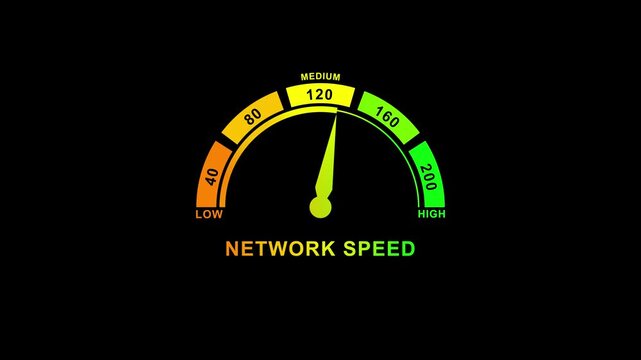 Tech digital network speed meter animation with vibrant speedometer dial showing medium internet bandwidth performance glowing green yellow and orange colors