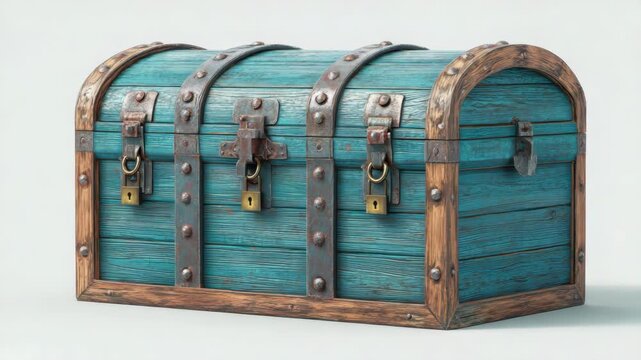 Weathered blue wooden treasure chest with metal straps and locks.