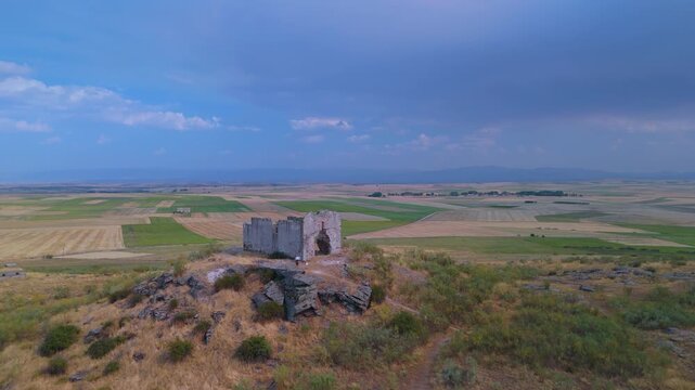 Aerial view from a drone of the ruins of the San Isidro de Domingo Garc&iacute;a Hermitage in Bernardos, Segovia Province, Castile and Le&oacute;n, Spain, Europe