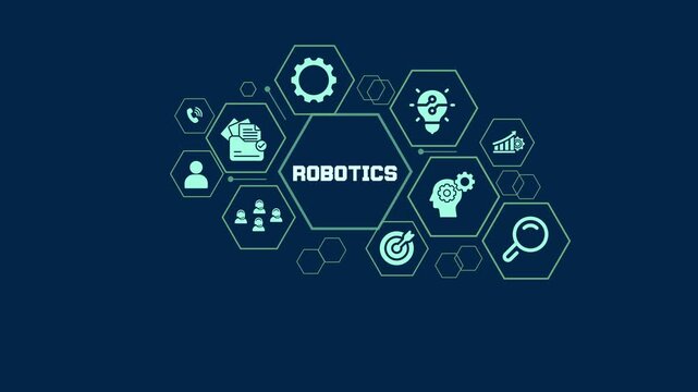 Advanced robotics and mechanical engineering infographic featuring professional icons for industrial automation and AI technology.