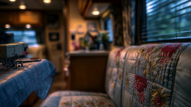 Focused image of synthetic upholstery being patched on an RV bench seat showing detailed needlework while the rest of the RV interior remains out of focus.
