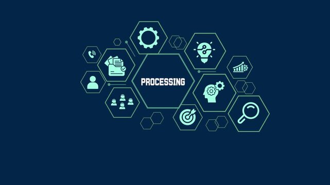 Industrial data processing infographic with professional flat icons for digital workflow and information management systems.