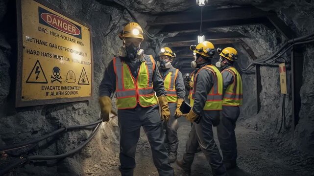 Mining crew equipped with protective gear conducting a risk assessment next to clearly posted safety instructions and hazard symbols.