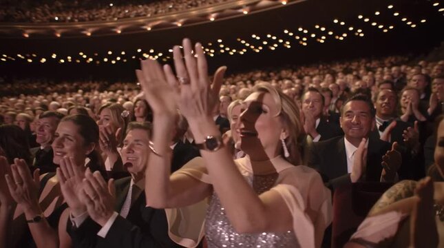 Audience applauding at a concert in a grand theater with stunning ambiance.