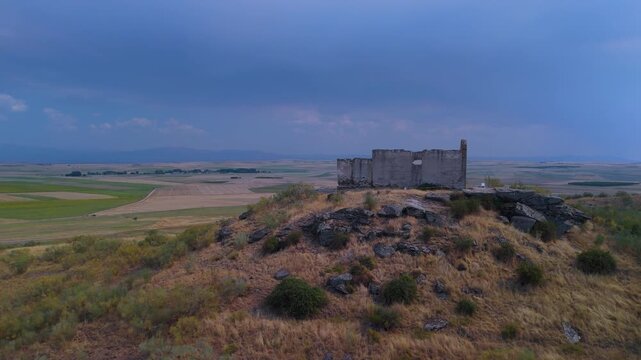 Aerial view from a drone of the ruins of the San Isidro de Domingo Garc&iacute;a Hermitage in Bernardos, Segovia Province, Castile and Le&oacute;n, Spain, Europe