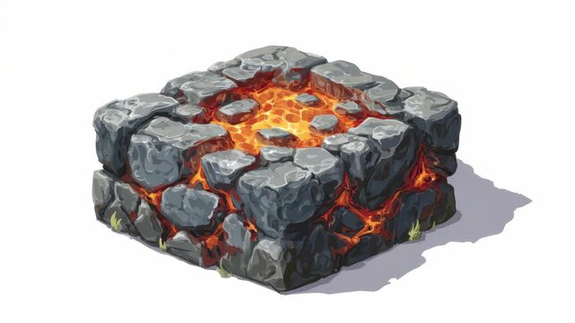 Lava-filled stone block with glowing core in white background.