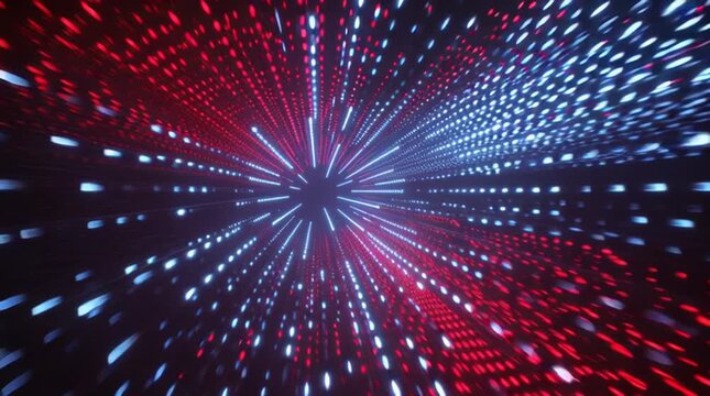 Dynamic light burst in red and blue, creating a vibrant visual effect.
