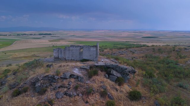 Aerial view from a drone of the ruins of the San Isidro de Domingo Garc&iacute;a Hermitage in Bernardos, Segovia Province, Castile and Le&oacute;n, Spain, Europe