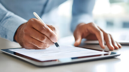 Fototapeta premium Person using a tablet to complete a form or document while sitting at a table in a bright room during daytime