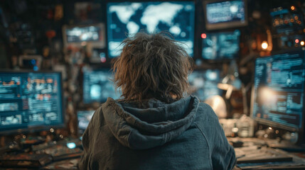 Fototapeta premium A person with messy hair sits in front of multiple screens displaying data and maps, immersed in a tech-focused environment.