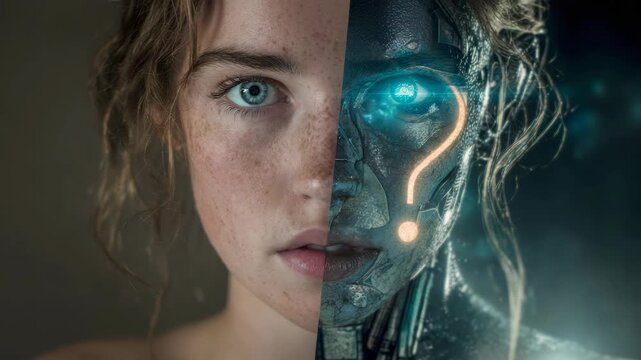 Half human half cyborg female depiction with freckles and glowing eye.