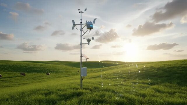Medium shot of weather station devices capturing dynamic data above green fields illustrating climate monitoring in modern pasture management systems.