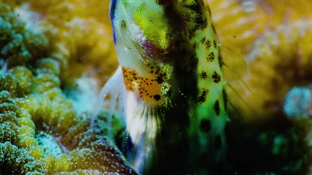 Macro shot of a cute yellow blenny fish peeking from a coral reef hole with a relaxing and healing feel