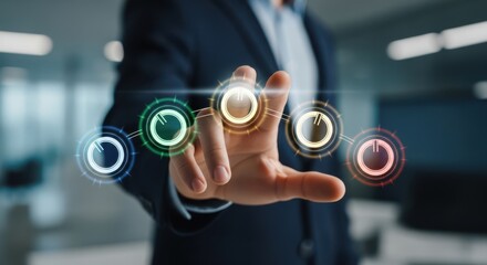 Closeup Businessman Hand interacting with virtual tuning knobs, representing fine tuning strategy, optimization, adjusting performance, and calibration.