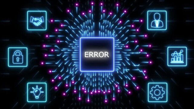 Glowing neon circuit board with central processor displaying EROR surrounded by business technology on black background