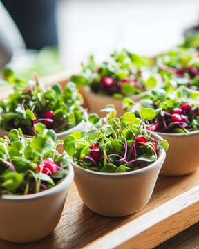 Healthy salad with microgreens and pomegranate in bowls, styled with daylight and wooden texture. Concept: freshness, natural food, minimalism.