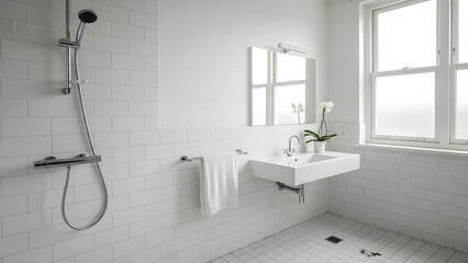 Modern Minimalist Bathroom with White Subway Tiles and Wall-Mounted Sink