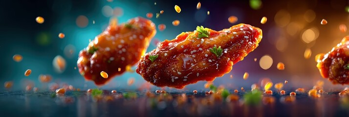 Fototapeta premium Spicy Honey Glazed Fried Chicken Wings with Sesame Seeds