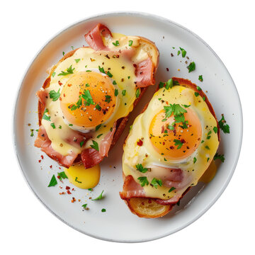 Two open-faced croque madame sandwiches with runny egg yolks and parsley garnish isolated on white background