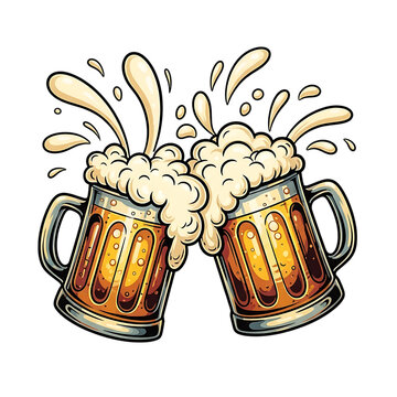 Two cartoon-style beer mugs clinking together, splashing golden liquid and white foam, celebrating Oktoberfest