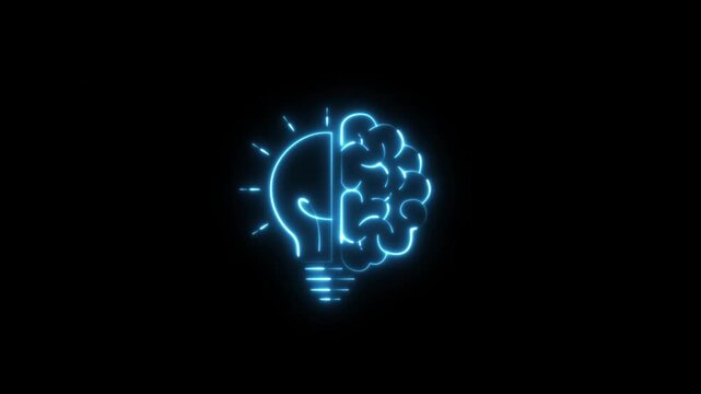 Glowing Brain with lightbulb representing idea generate. Neon development, digital education electricity energy, glowing icon, idea high resolution. 