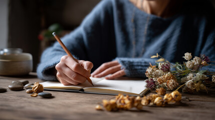 Obraz premium Close-up of faceless hands sketching in a paper journal with a wooden pencil, surrounded by pebbles and dried flowers, Offline Creativity concept, tactile textures, focused and cal