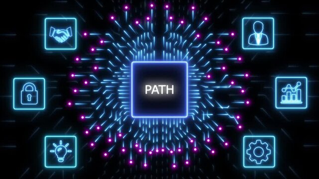 Digital pathfinding and navigation concept with glowing circuit board and