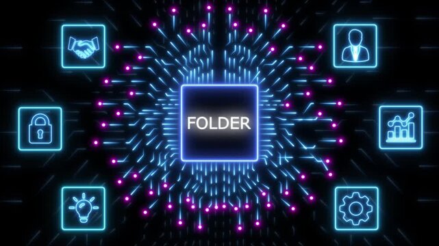 Digital folder organization concept with glowing circuit board and data