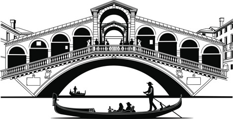 VeniceVenice Rialto Bridge silhouette with gondola scene, historic Italian architecture, romantic travel landmark, detailed black vector illustration isolated  © Icons World