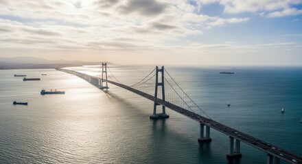 Fototapeta premium Long Suspension Bridge over Ocean.
