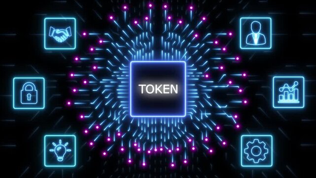Digital token concept with glowing neon circuit board lines emanating from a central square labeled TOKEN surrounded by six illuminated squares on a
