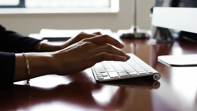 Professional hands typing on keyboard with subtle reflections visible on polished desk surface