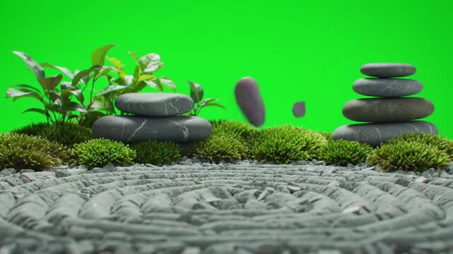 Zen garden scene stones plants and textured gravel on green background