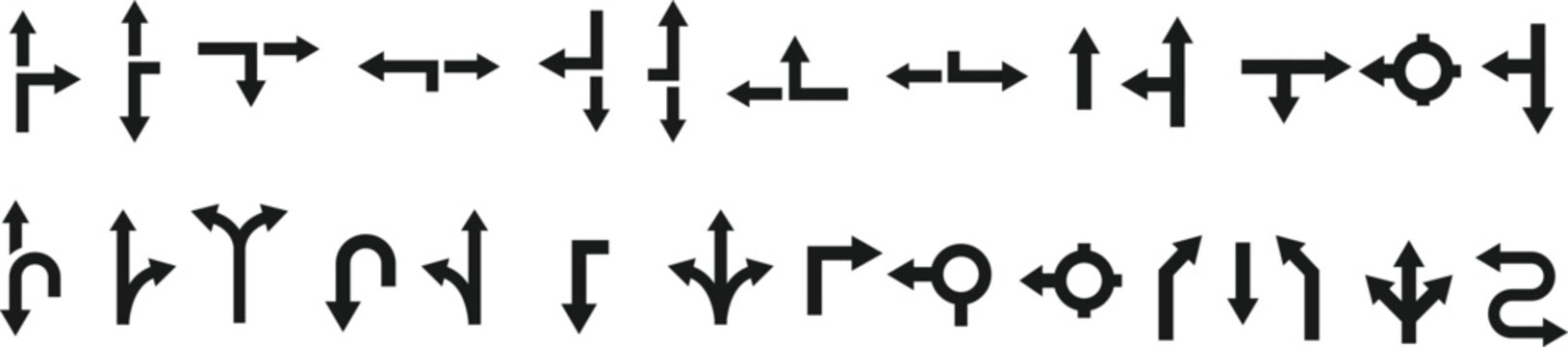 Directional Road Symbols. Straight turn and u turn icon. Traffic navigation design. Street guide and routing icons. Highway Direction Icons