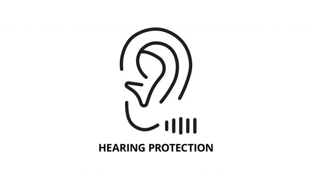 Minimal black and white line animation of an ear with sound waves and &ldquo;Hearing Protection&rdquo; text. Concept for noise reduction, safety. 4K, alpha channel