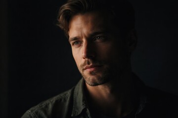 Obraz premium Man Staring Thoughtfully in Dim Light With Shadows Highlighting His Facial Features