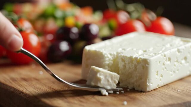 Fork cutting a cube of feta cheese with cherry tomatoes and olives in background