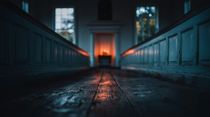 Old church interior with glowing candle light on rustic wooden floor. Church interior features long empty pews and tall windows creating solemn atmosphere.