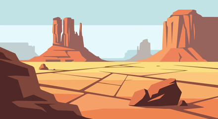 Desert landscape with rock formations and arid terrain.