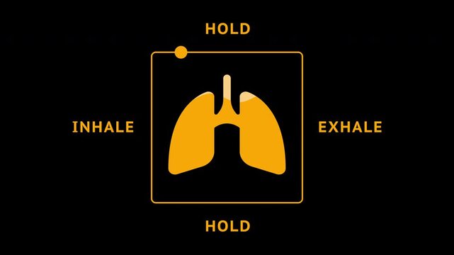 Minimal breathing exercise animation showing inhale, hold, and exhale cycle with lungs icon on black background. Concept for relaxation, mindfulness, and meditation. 4K