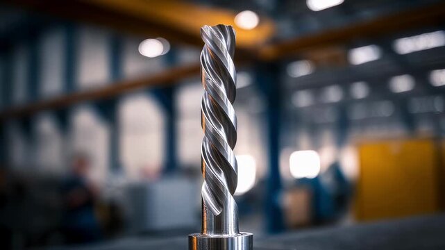 Focused view on a metal drilling bit designed for high durability showcasing its polished surface and cutting edges contrasted with a blurred industrial setting in the background.