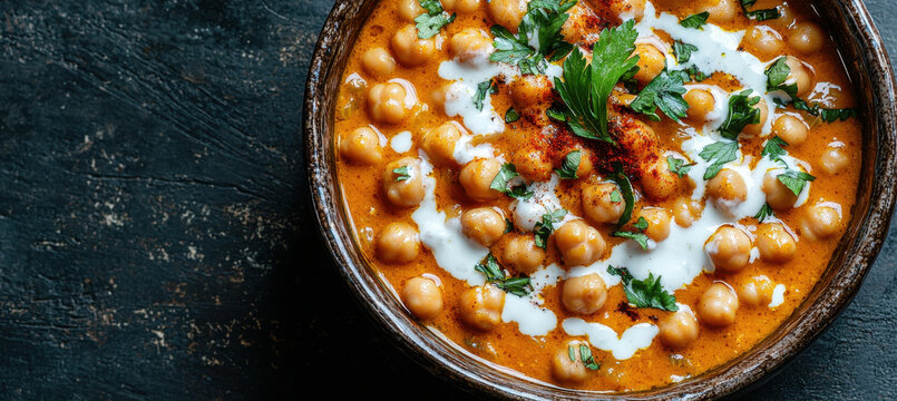 vibrant organic curry with chickpeas, coconut milk, and spices, garnished with herbs