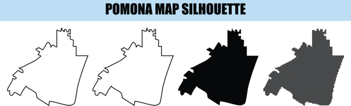 Pomona city california map silhouette collection featuring outline solid black and pixelated halftone vector graphics