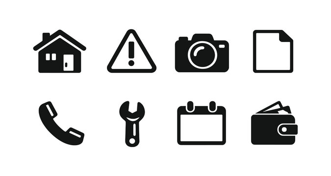 Black icon set: house, warning, camera, document, phone, wrench, calendar, wallet