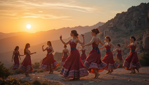 Sunset scene of Turkish dancers performing outdoors, mountains in the background, warm tones
