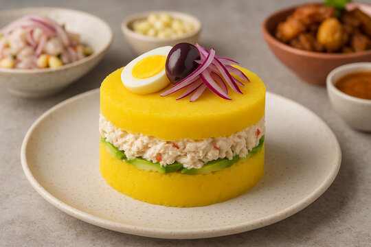 Peruvian Food Causa Rellena stock photo