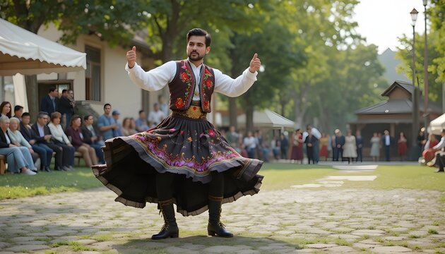 Male Turkish folk dancer performing strong footwork, traditional vest and boots
